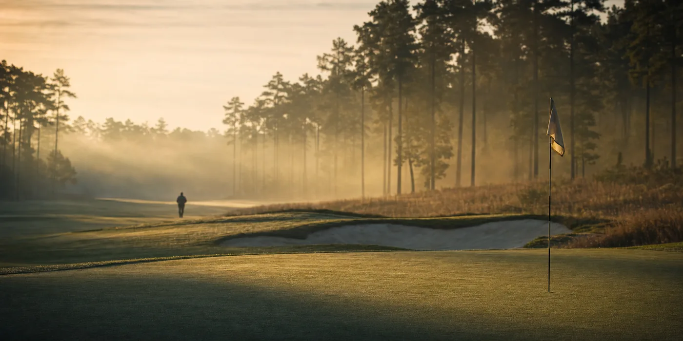 A flagstick on a misty golf green at sunrise, with a distant figure walking the fairway — an illustrative scene.